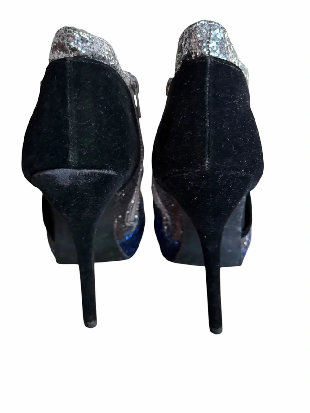 Vintage Y2K Deb Glitter Peep Toe Ankle Booties 5.5” Heel Blue Silver Sz 8.5